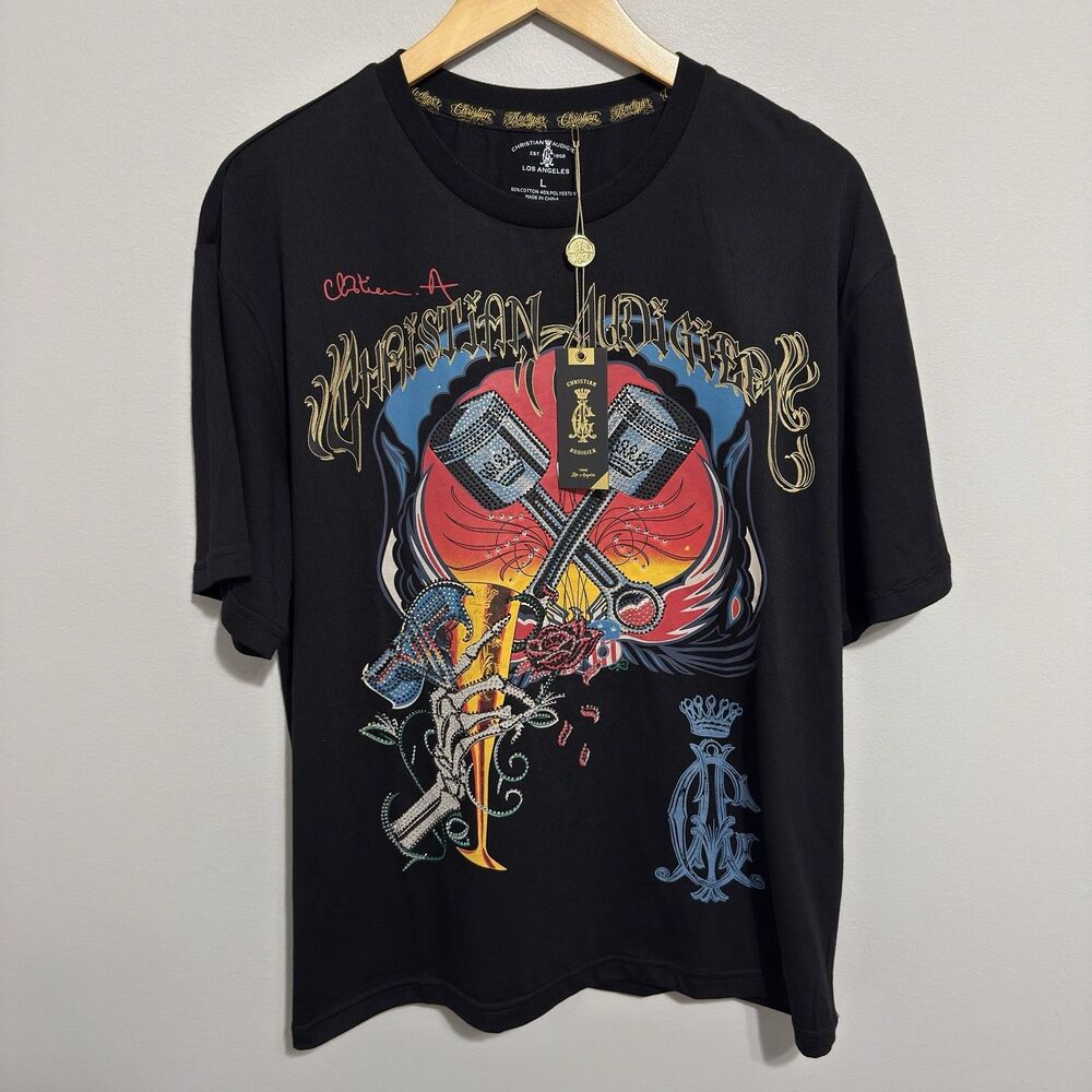 NEW Rare Y2K Christian Audigier Rhinestone Grunge Shirt Size L